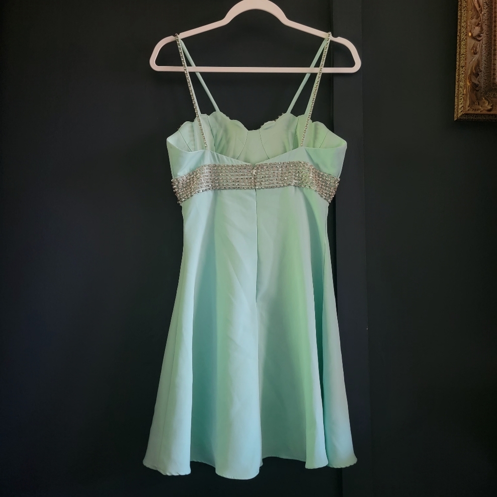 New IEENA for MD 27446 Ocean Blue Rhinestone Fit & Flare Satin Mini Dress Size 2 - Picture 8 of 13